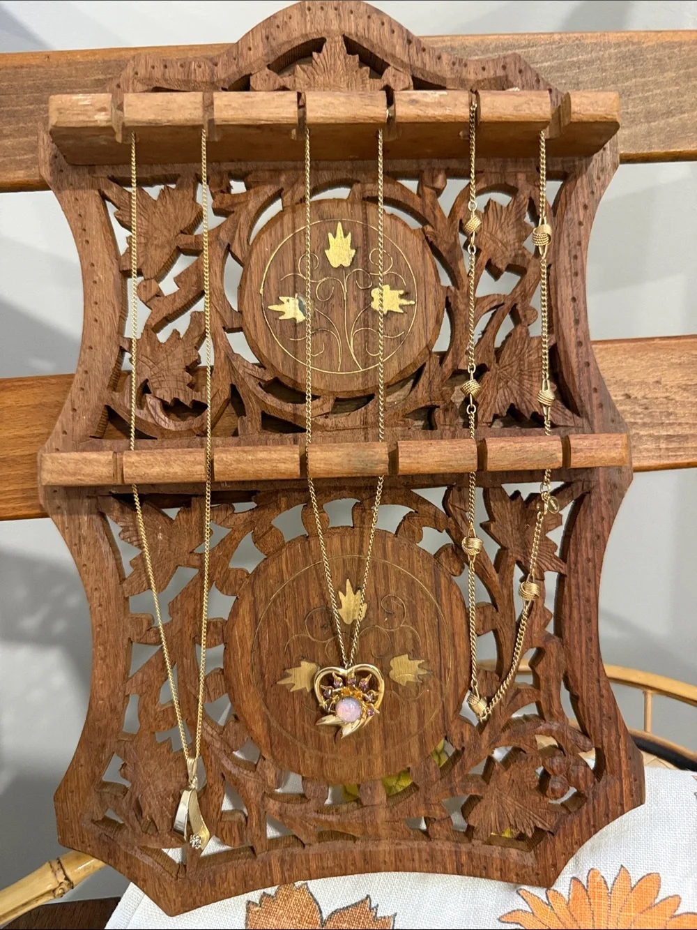 Vintage Hand Carved Sheesham Wood  Rack Wall Display Brass Inlay India